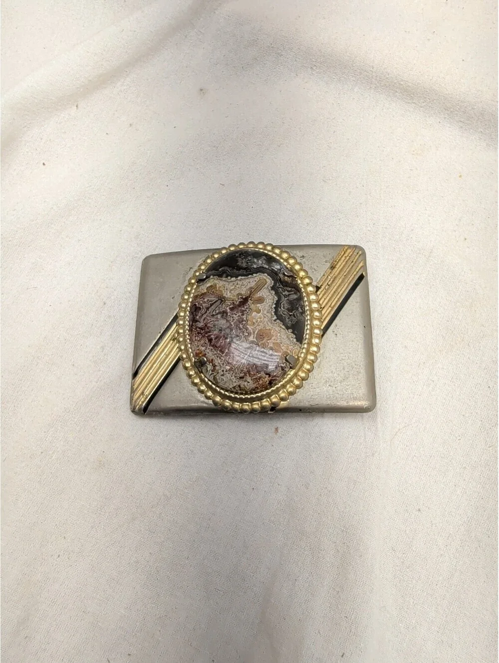 Unisex Belt Buckle, metal with a Brown & Cream-Colored Stone, 2 1/2